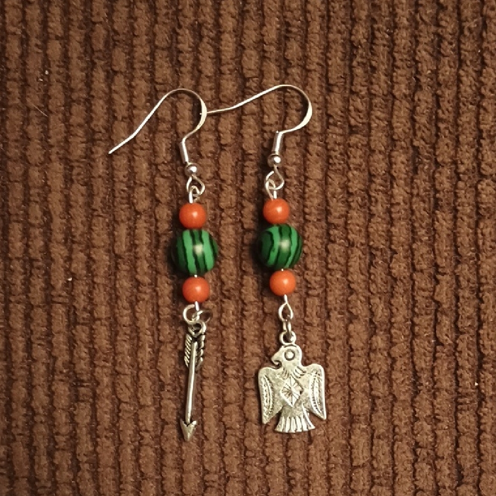 Silver and Malachite And Coral Beaded Earrings